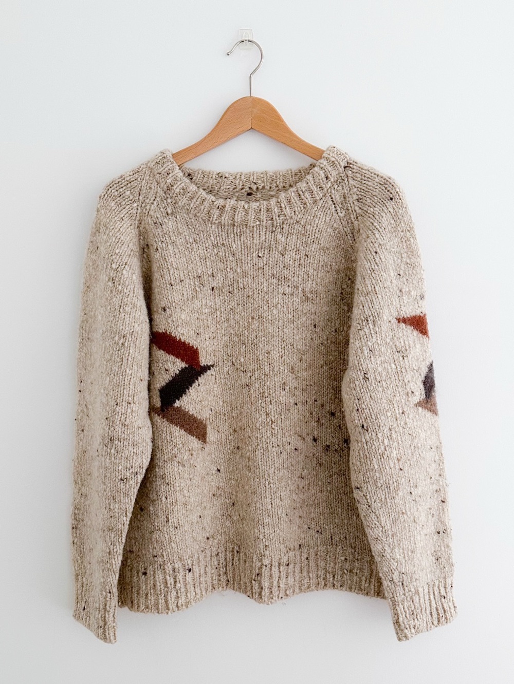 Hand Knit Wool Sweater Oatmeal Geometric Folk Nordic Cabin Knit Size S-M